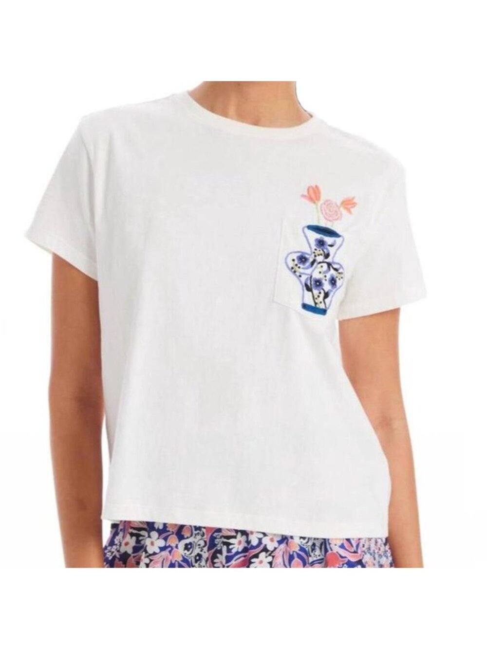 Allison New York Embroidered Tee in Off White Extra Small New
